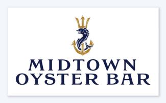 Logo design of an anchor and trident with a fish wrapped around them and the words Midtown Oyster Bar